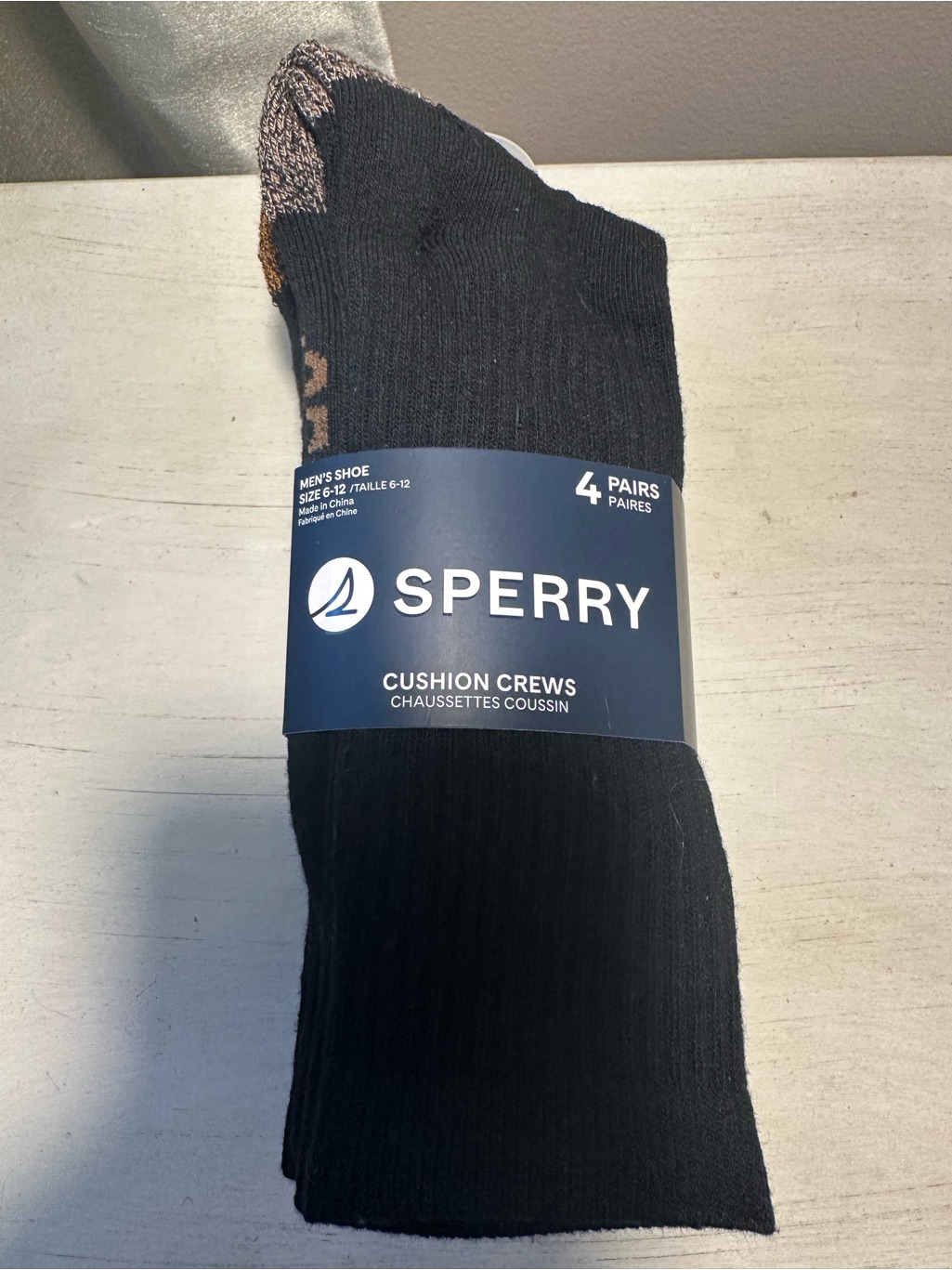 Sperry Men's Cushion Crew Socks 4 Pairs Black Shoe Size 6-12